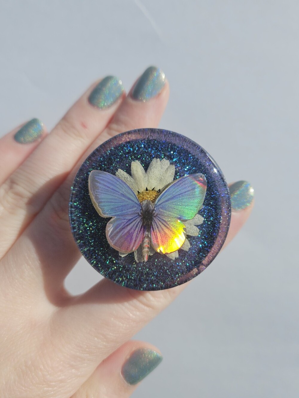 Handmade Holographic Moth & Glitter Resin Phone Grip Whimsical Phone Accessories